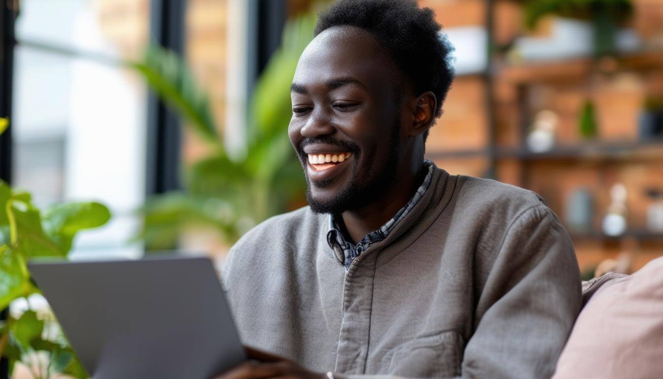 Male banking client, happy with his internet banking experience