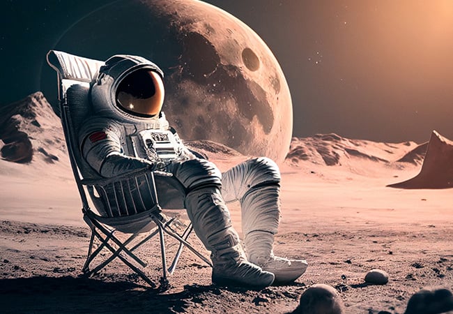 Astronaut sitting in a sun chair on a distant planet with th emoon in the background. 